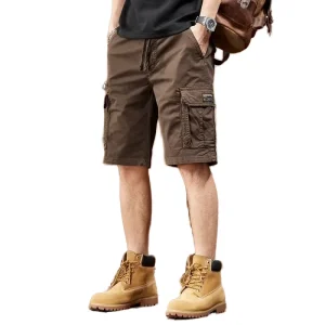 2025 Summer Trendy Men's Workwear Shorts American Style Loose Retro Straight Elastic Waist Mid Waist Solid Cross-Border