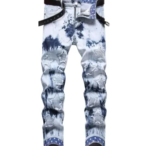 High Street Trendy Elastic Tie-Dyed Red Brick Color Denim Pants Mid Casual Straight Washed Technique Personalized Fashionable