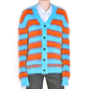 Sweaters Men Mohair Fuzzy Knitwear Long Sleeve Knit Winter Striped Mohair Blend Cardigan Mohair Sweater Men