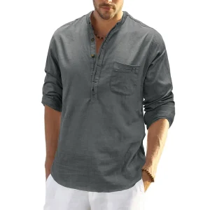 New Stand up Collar Long Sleeved Cotton and Linen Mens Shirt