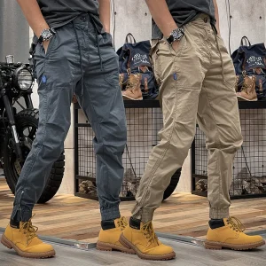 Vintage Overalls Cargo Pants Men's Elastic Waist Multi-pocket Loose Casual Bunched Foot Pants