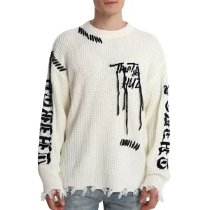 Men Distressed Sweater Design Pattern Pullover Knitwear Crew Neck Loose Jumper Winter Casual Knitted Sweater for Men