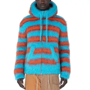 Mohair Men Sweater Long Sleeve Knitwear Fuzzy Knit Striped Mohair Hooded Cardigan Knitted Sweater