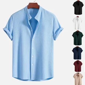 Summer Men's Casual Short Sleeve Shirt Top Single Breasted with Stand Collar Solid Color for New Wish Cross Border