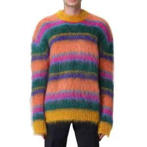 Sweaters Men Mohair Fuzzy Long Sleeve Knitwear Winter Pullover Striped Knit Men Mohair Knitted Sweaters