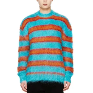 Men Mohair Sweater Long Sleeve Knitted Men Fuzzy Crew Neck Knitwear Striped Mohair Knit Sweater Men