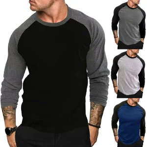 Knitted Fabric Breathable Solid Round-neck Long-sleeved T-shirt Men's Casual Patchwork T-Shirt