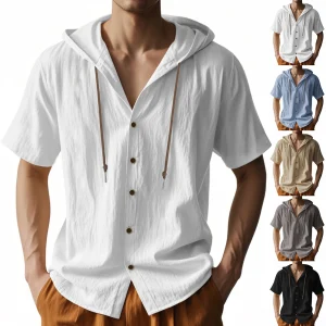 Cross-border Summer Thin Breathable Linen Loose Hooded Men's Short-sleeved T-Shirt