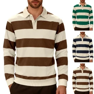 25 Cross-border Casual Sports Fashion Business Knitwear Striped Color Block Button-up Long Sleeve Polo Shirt
