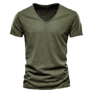 Summer Men New Solid Color Slub Cotton Pure Cotton Hot Sale V Neck Short Sleeve T Shirt