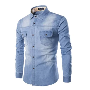 Mens Chest With Pocket High Quality Long Sleeve Denim Shirt