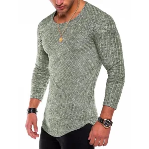 Mens Solid Color Knitting O-Neck Long Sleeve T-shirt
