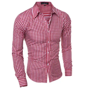 Thin Summer Mens Fashion Casual Lattice Shirts V-neck Long Sleeve Plaid Shirt