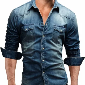 Mens Casual Denim Shirt High Quality Long Sleeve Jean Shirt