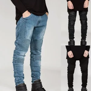Mens Skinny Biker Jeans Destroyed Frayed Designed Slim Fit Denim Pants