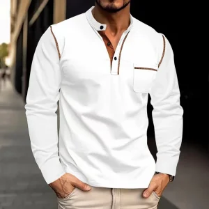 2025 Spring and Summer Men's Long Sleeve Stand Collar Polo Shirt Solid Color Men's Bottom Long Sleeve