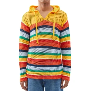 Men Hollow Out Knitted Hooded Sweaters Crew Neck Men Long Sleeve Knitwear Winter Knit Hoodie Men Sweater