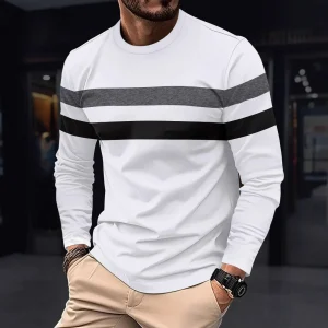 Men's Autumn and Winter Round Neck Long Sleeve Color Matching Bottoming Shirt Pullover Thin Long Sleeve T-shirt Men