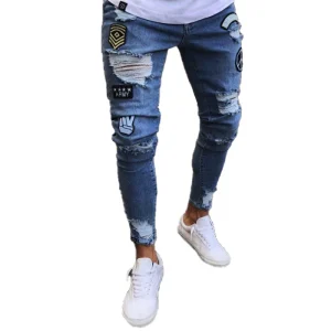 Mens Stretchy Ripped Skinny Jeans Destroyed Taped Slim Fit Denim Pants